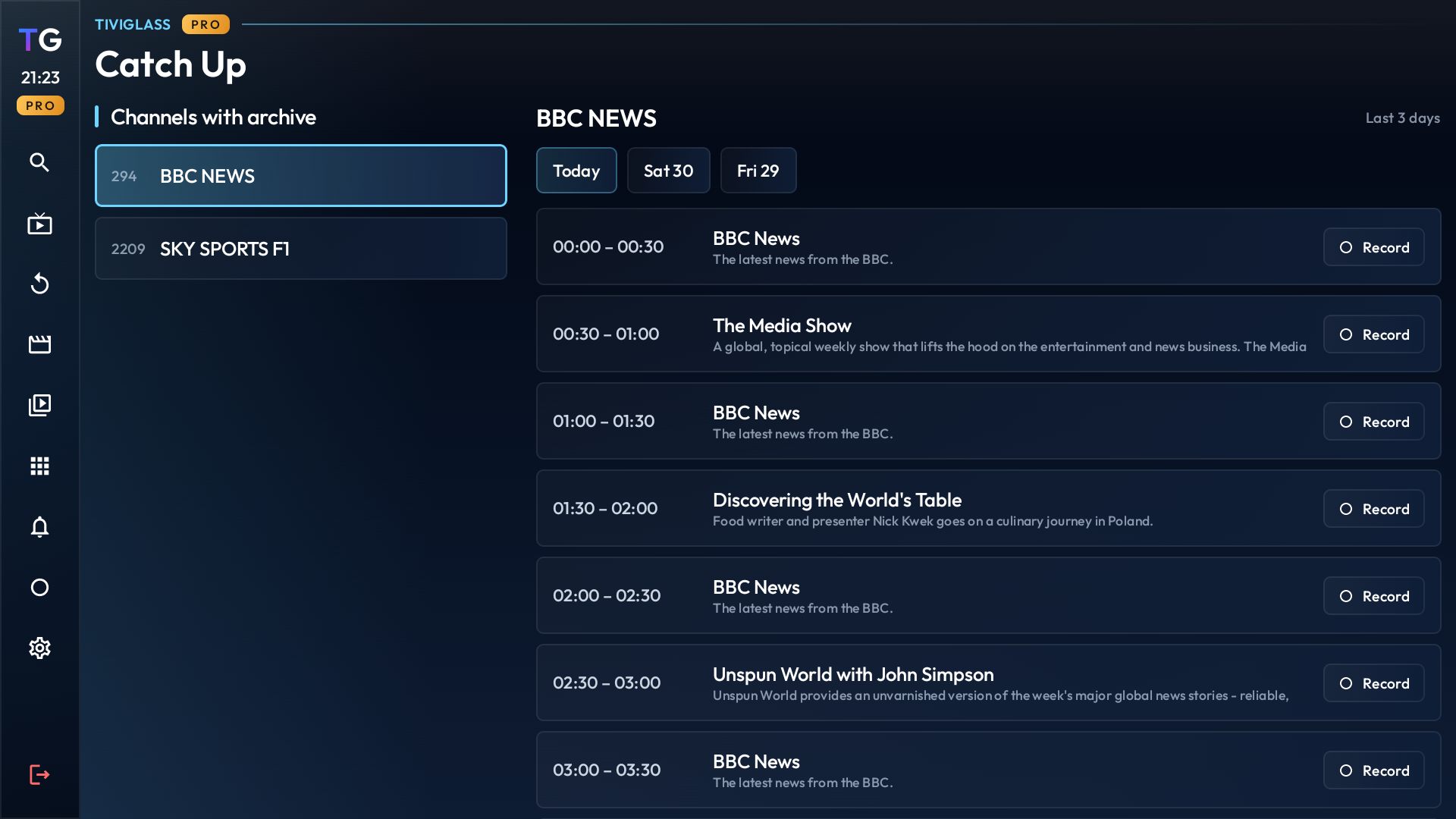 TiviGlass catch-up list screen