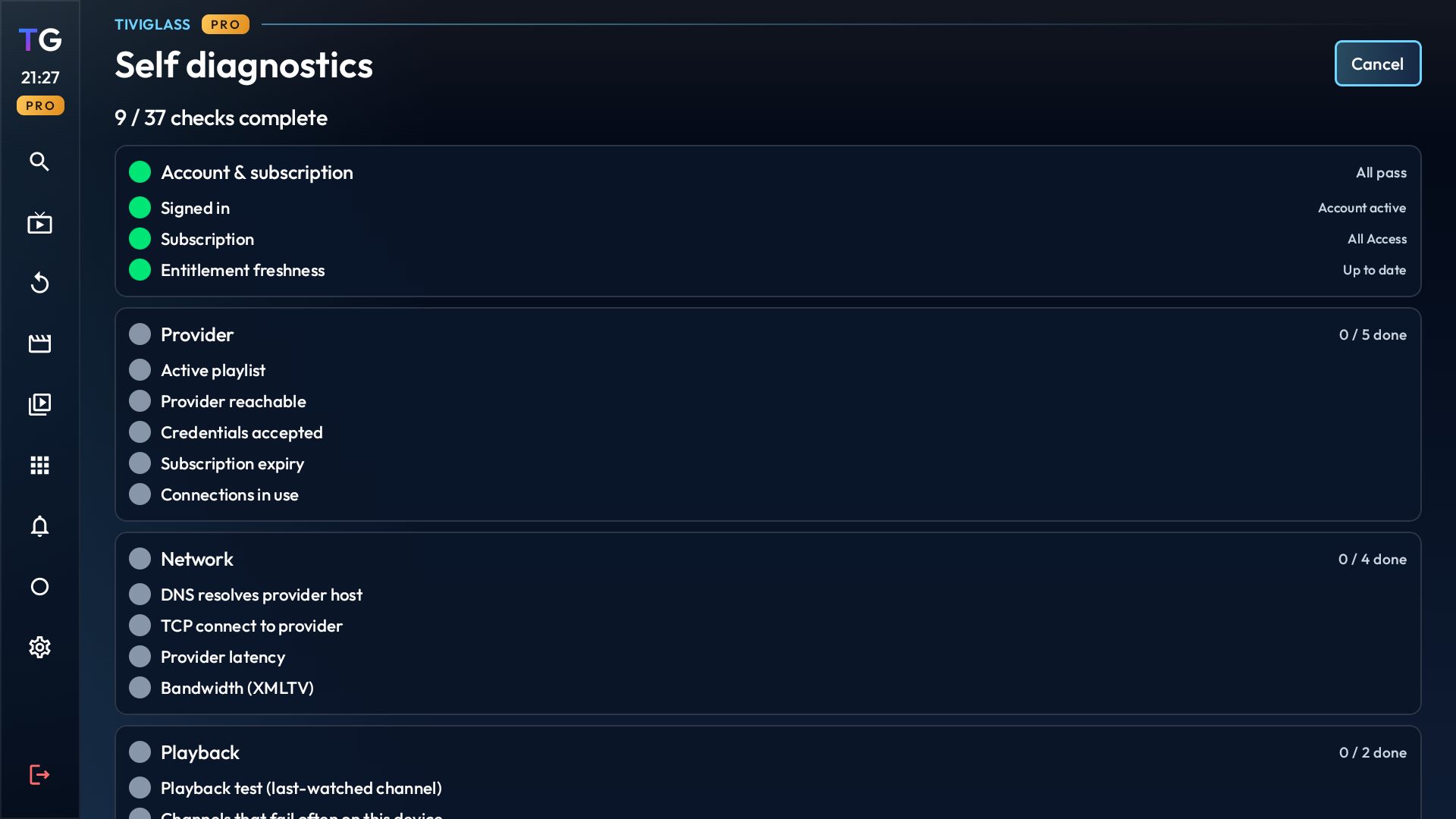 TiviGlass diagnostics results screen