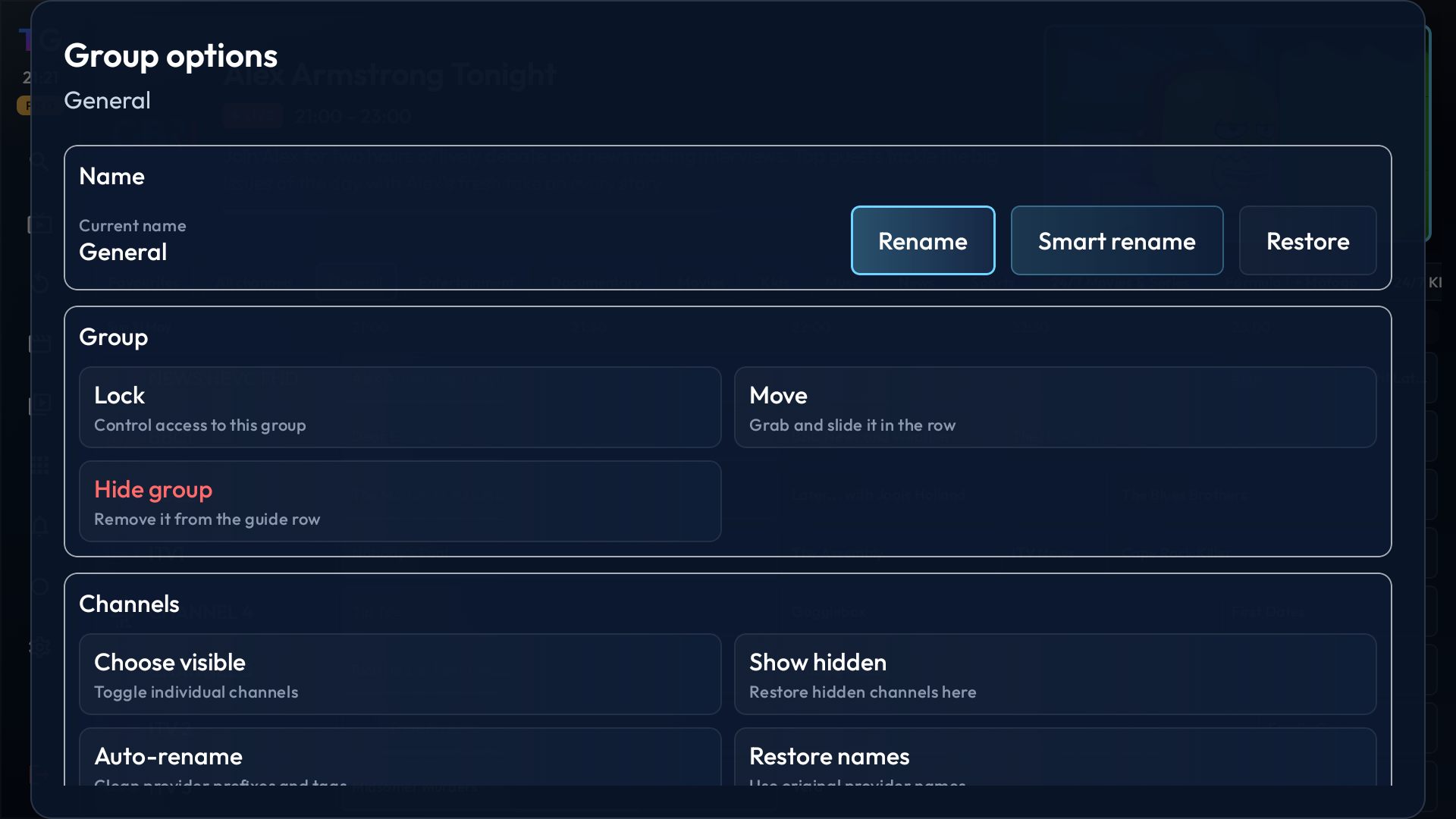 TiviGlass group options screen with rename, hide and move controls