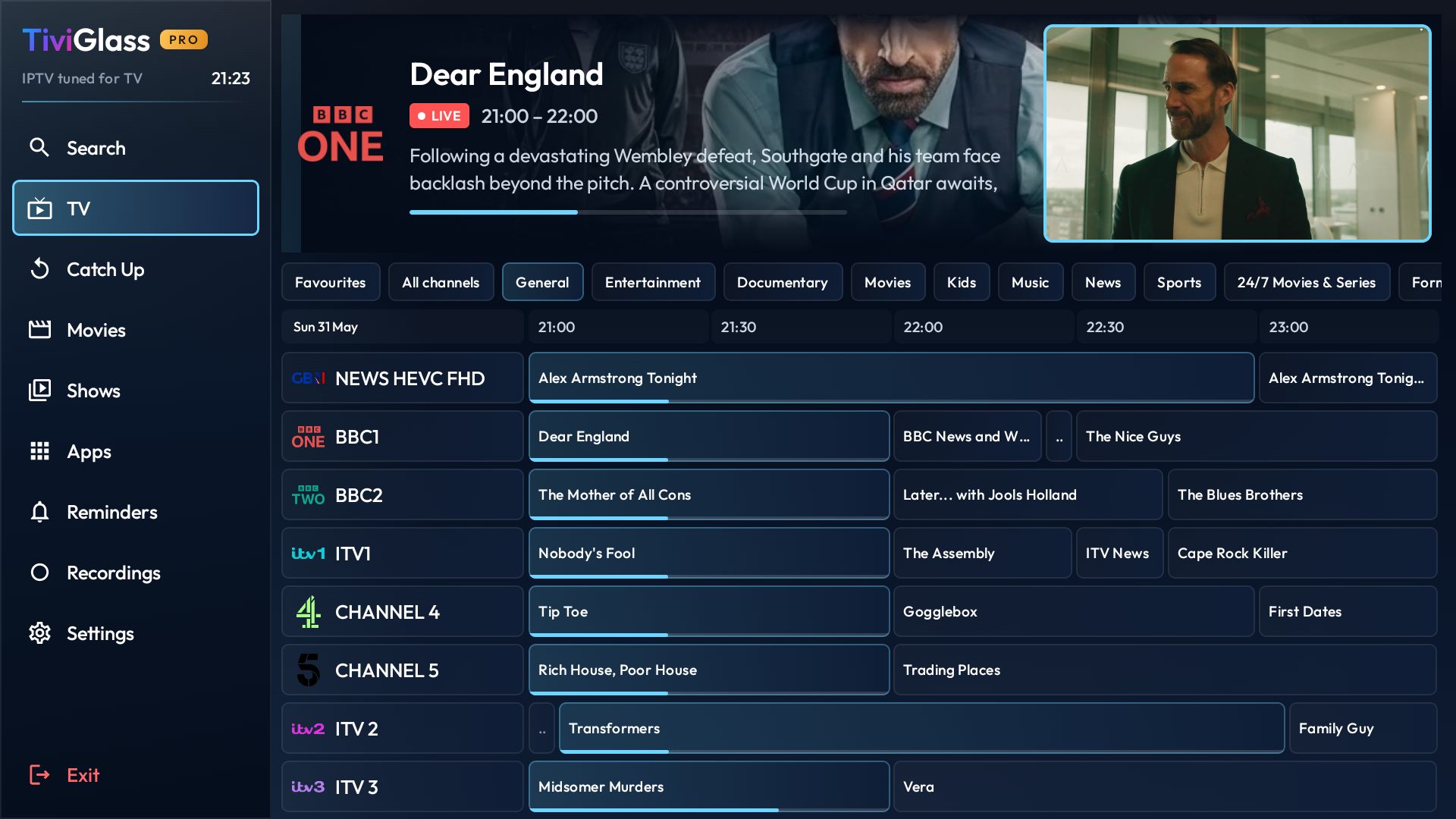 TiviGlass live TV guide with mini player shown inside the Fire TV app