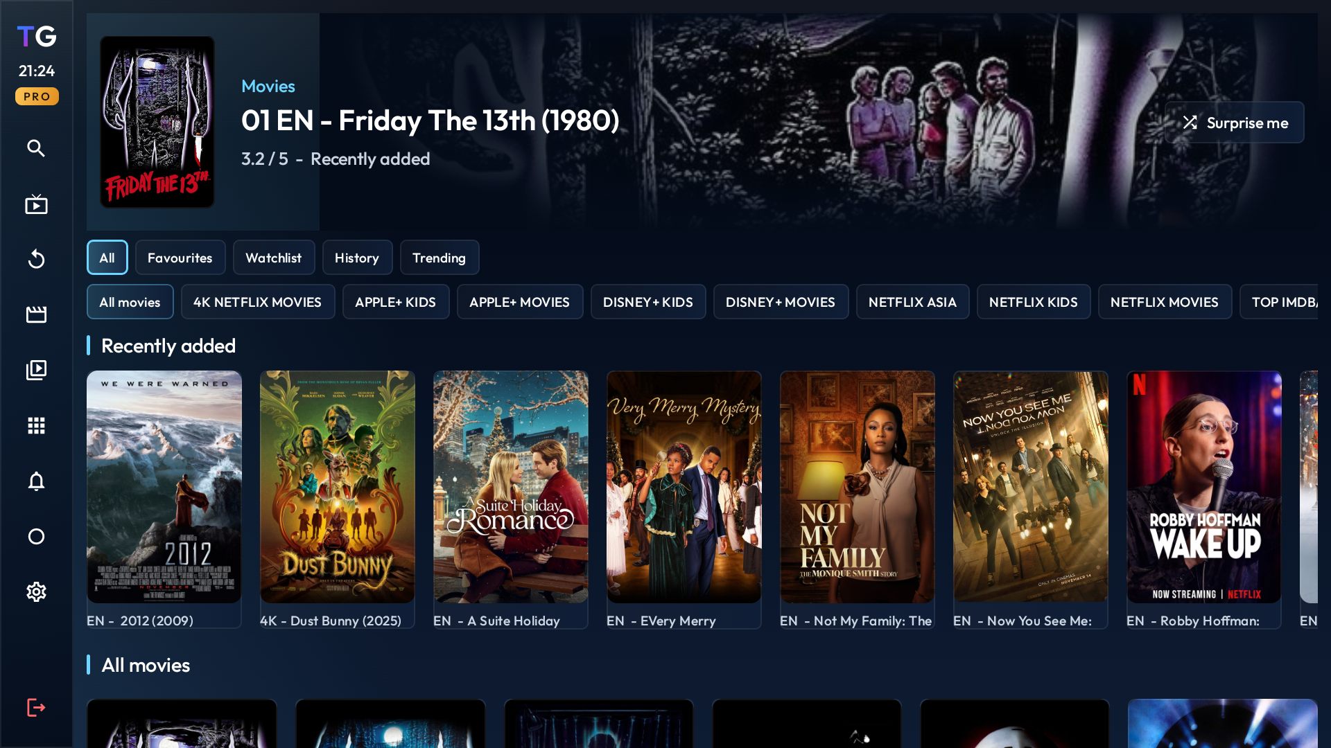 TiviGlass movies library screen shown inside the Fire TV app