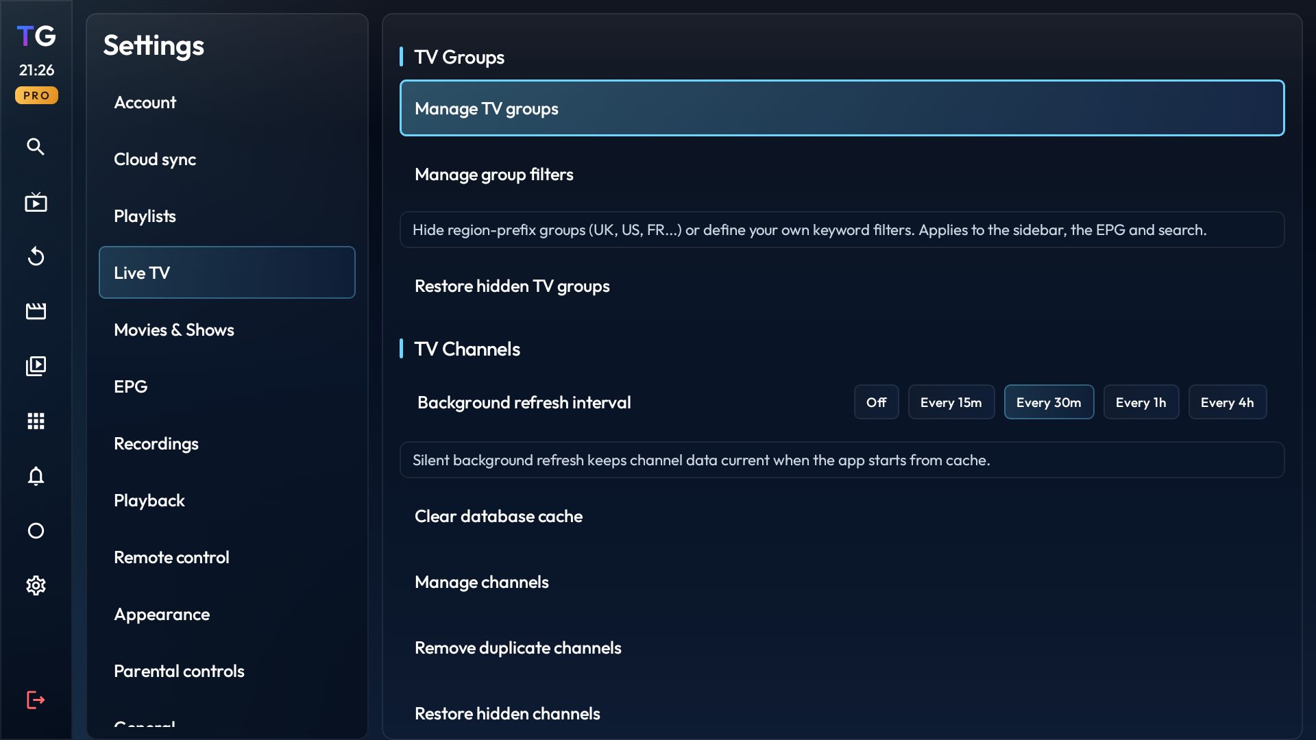 TiviGlass settings screen for TV group and channel preferences
